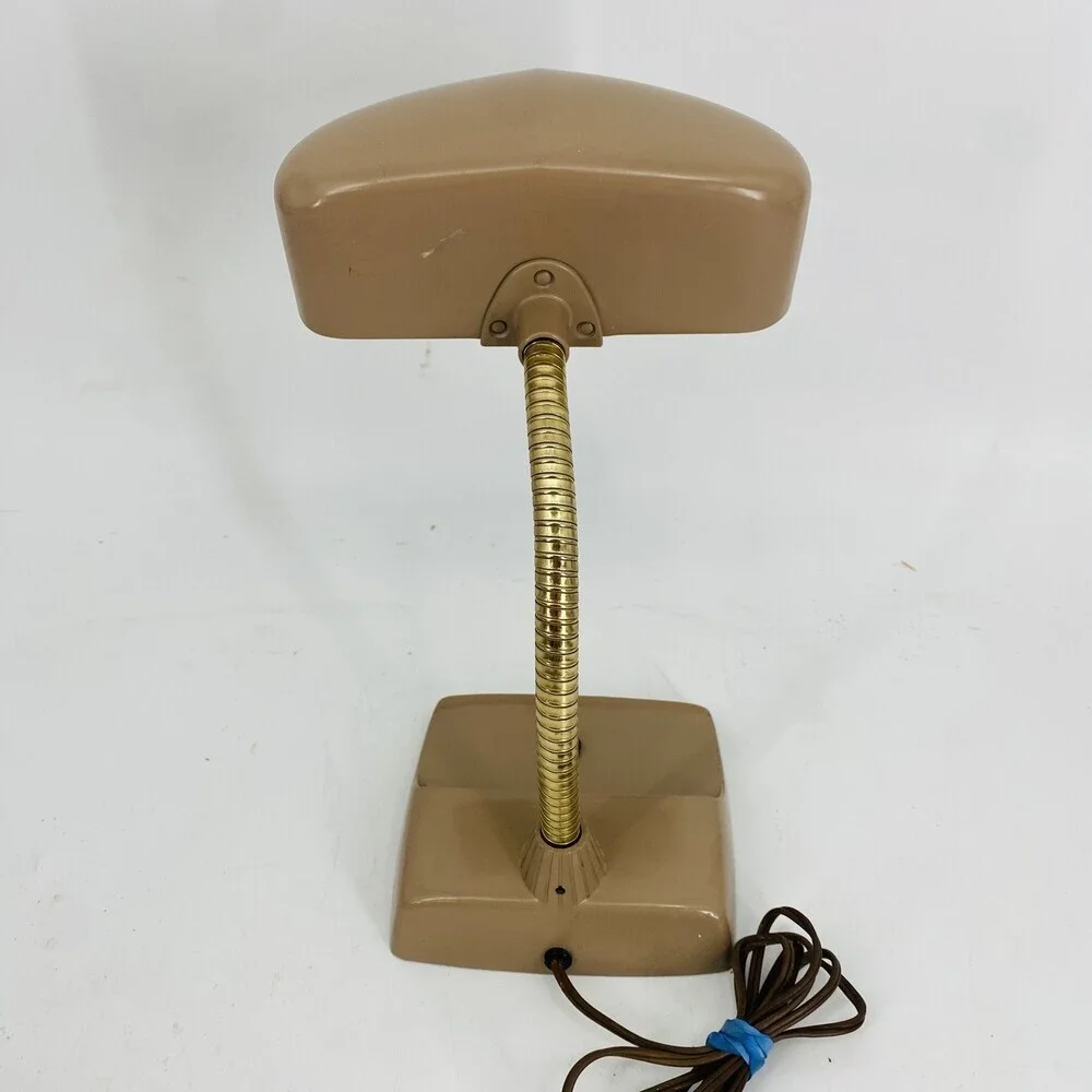 Vintage MCM Industrial Hooded Desk Lamp Nude/Mauve Brass Machine Age Metal